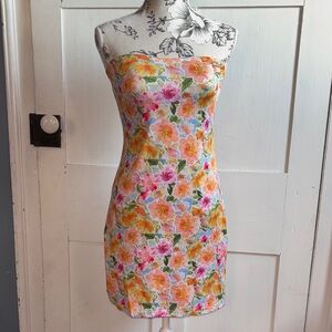 Strapless Pastel Pink Floral Mini Dress Flirty Body con Tight Fit Small New